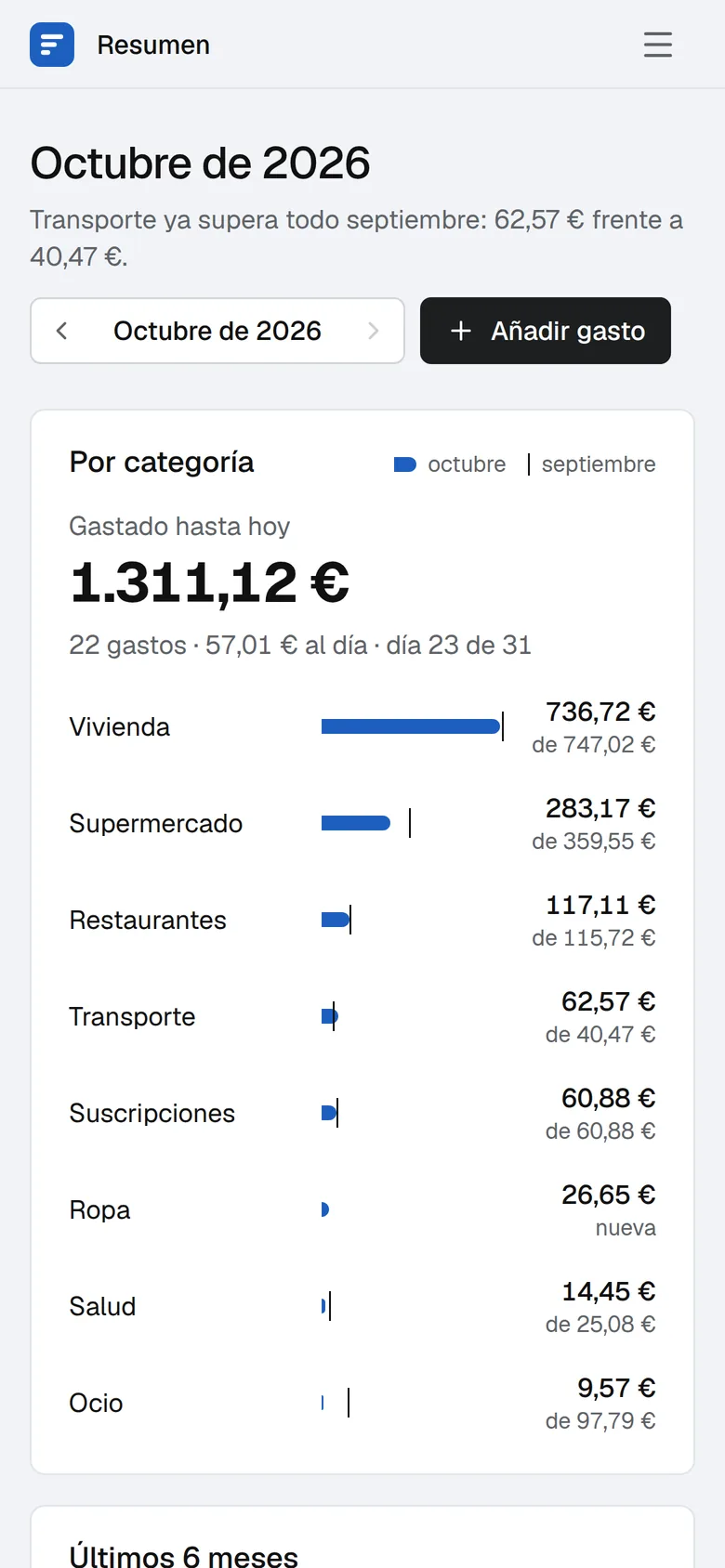 El gestor de gastos en un móvil